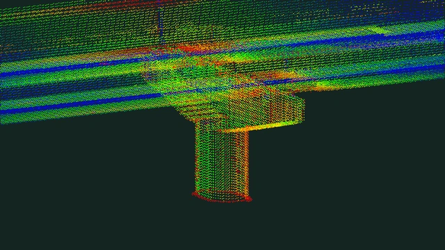 Close view looking upward at the column and underside of the crosshead beneath the Parkdale and Mordialloc spans